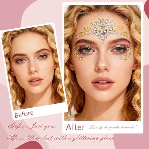 Mermaid Face Jewels Stick On - 8 Sets Self-Adhesive Festival Gems