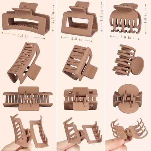 3 Styles Hair Clips for Women - 12 PCS Small Medium Big Claw Clips for Thin Thick Hair, Neutral Colors