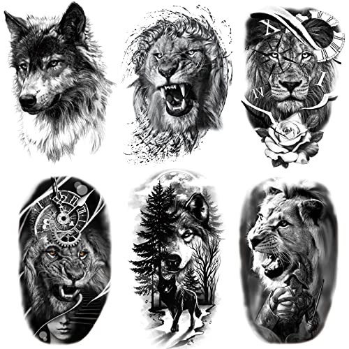 Temporary Tattoos Animal, 6-Sheet Wolf Lion Large Temporary Tattoo for Men, Waterproof Long Lasting Tattoos Realistic Fake Tattoos for Women Kids