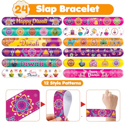 72PCS Diwali Party Set - 48PCS Temporary Tattoos & 24PCS Slap Bracelets - Festival Happy Indian -Themed Birthday Supplies, Baby Shower Gifts, Classroom Rewards & Party Decor for Kids