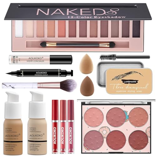 12-Color Makeup Kit with Eyeshadow, Foundation, Lipstick & Brushes