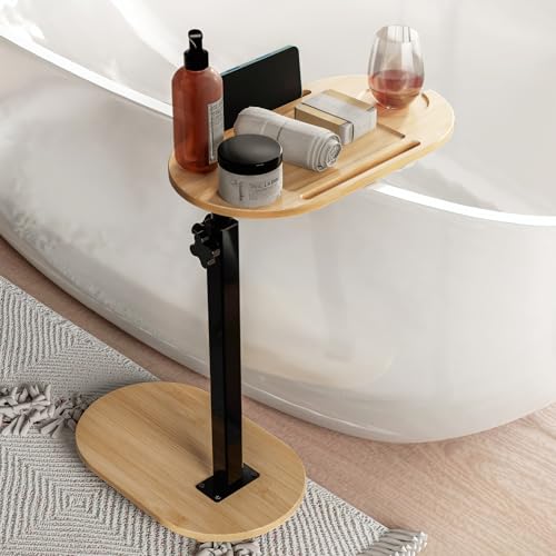 Bamboo Bath Tray with Adjustable Height - Freestanding Bathtub Caddy