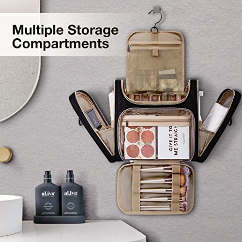 BAGSMART Toiletry Bag, Travel Toiletry Bag for Women, Water-resistant Cosmetic Makeup Bag, Large Capacity Door Room Essentials Travel Organizer for Full Sized Toiletries and Cosmetics, Black
