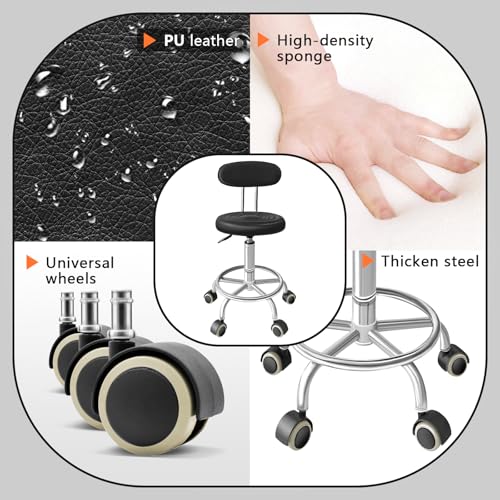 Chair with Wheels PU Leather, with Backrest, Height Adjustable, 360¡Æ Swivelling Armless Barstool with Footrest, Ideal for Pubs, Restaurants, Offices, Homes, Tattoos, Massages (Black)