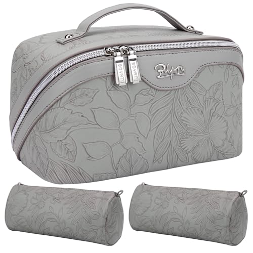 BOYATU Travel Makeup Bags Cosmetic Organizer Bag: 3-Set Large Capacity Make up Bag - PU Leather Toiletry Bag for Women - Wide Open Portable Pouch with Divider & Handle