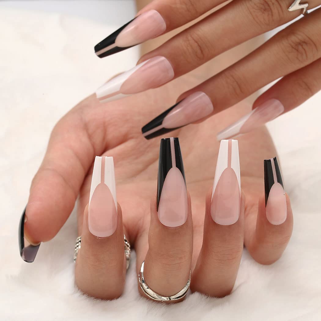 Gangel Nude False Nails Extra Long Full Cover Fake Nail Coffin Fake Nails Ballerina Acrylic Press on Nails Daily Wear Party Gifts for Women and Girls 24Pcs (Two-tone)