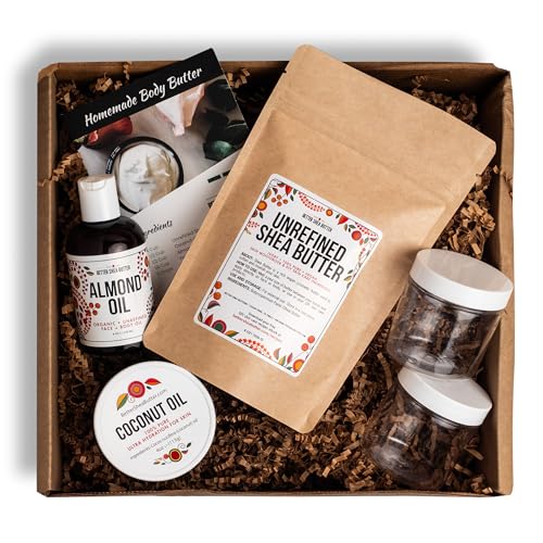 Shea Butter Body Butter Making Kit - DIY Kits for Adults (Raw Shea Butter, Almond Oil, Coconut Oil, 2 Jars) & Recipe Card with Link to Video Tutorial - Natural Whipped Body Lotion Making Kit