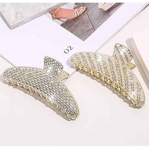 2 Pack Large Rhinestone Hair Clips, Crystal Pearl Hair Claw Clips, Black Gold Jumbo Jaw Clip, Nonslip Hair Claw for Thick Long Hair, Fashion Hair Clamp Accessories for Women Girls
