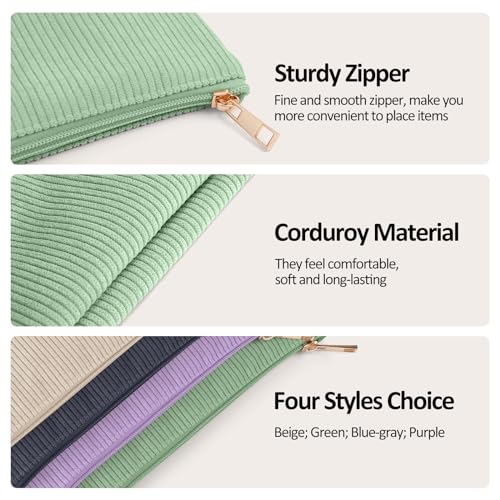 MAGEFY Small Corduroy Makeup Bag, 2 Pcs Green Pouch with Inner Pocket - Travel Purse Organizer