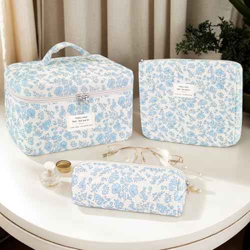 3Pcs Cotton Quilted Makeup Bag for Women Girls, Large Floral Cosmetic Bag Set Cute Makeup Brushes Aesthetic Accessories Storage Bag Travel Toiletry Bag Organizer, Little Flower Blue