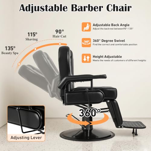 Vintage All-Black Barber Chair with Hydraulic Reclining - 550 LBS