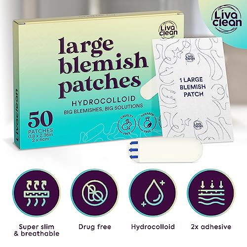 LivaClean 50CT Large Hydrocolloid Acne Patches - for Pore Spots Nose Face Cystic Pimple Zit Patch - Big Pimple Patches Hydrocolloid Bandages Strips Stickers Pimple Patch XL Large Acne Patch Large