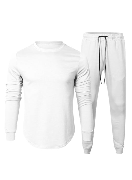 JMIERR Sweatsuits for Men Set 2 Piece Airport Outfits Long Sleeve Cotton Pullover Sweatshirt & Joggers Sweatpants, Fall Tracksuit Matching Lounge Sets, L, B White