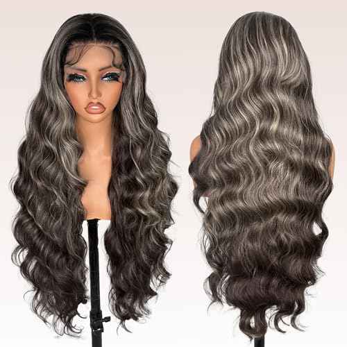 ZadaBelly Highlight 30 inch Body Wave 13x4 Lace Front Wig Brown Base with Black Wavy Hair Pre Plucked Hairline with Baby Hair, Transparent glueless Lace Synthetic Wig for Women Heat Resistant