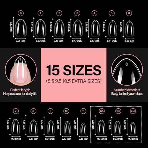AILLSA Short Almond Nail Tips, 15 Sizes 240PCS Preshaped Soft Clear Gel Nails Tips Full Cover False Nails Tip Short Almond Shaped Tips