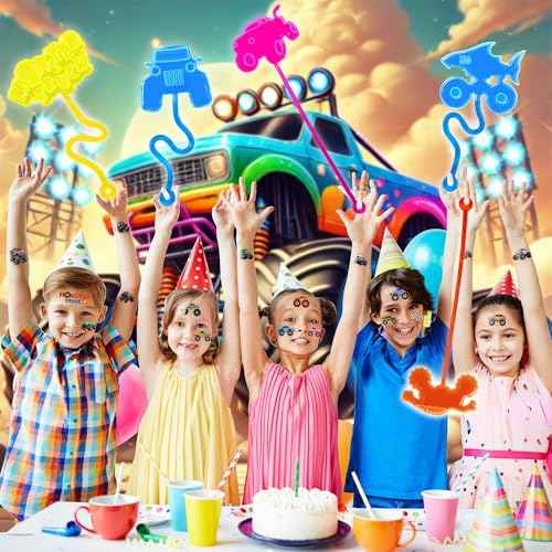 48PCS Monster Truck Party Favors - 24PCS Temporary Tattoos & 24PCS Stick Hands Party - Perfect Birthday Party Supplies, Goodie Bag Stuffers, Treasure Box Toys, Classroom Prizes, and Student Gifts