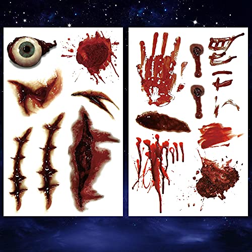 6 Sheets Halloween Realistic Scar Waterproof Temporary Tattoo Stickers Eyeball Wound Blood Bone Hand Scratch Cover