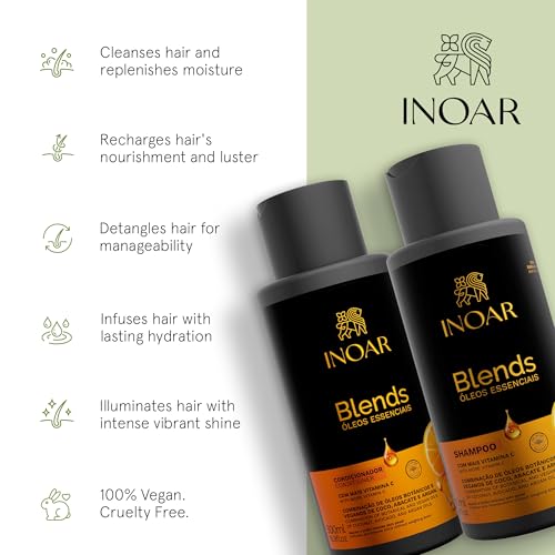 Inoar Blends Shampoo & Conditioner Kit with Vitamin C, Coconut, Avocado and Argan Oils for Deep Hydration, Repair, Shine, 16.9 Fl Oz Each