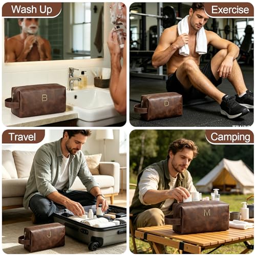 Personalized Men's Toiletry Bag with Initial - PU Leather Travel Shaving Bag