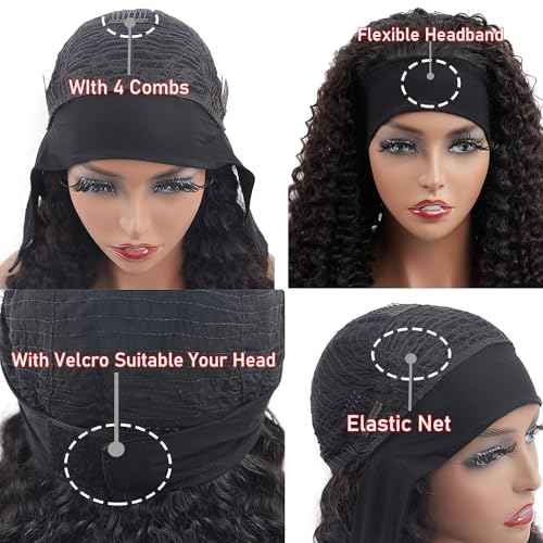 Headband Wig Human Hair Kinky Curly Headband Wigs for Black Women Human Hair Headband Wig Curly Human Hair Wigs Brazilian Virgin Hair Wear and Go Glueless Wig Natural Color 150% Density 14 Inch