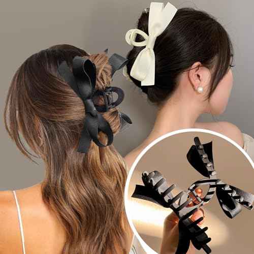 Sizobi Women's Hair Accessories: 4PCS Large Bow Claw Clips for Thick, Thin, Long or Curly Ponytails - Strong Hold, White & Black