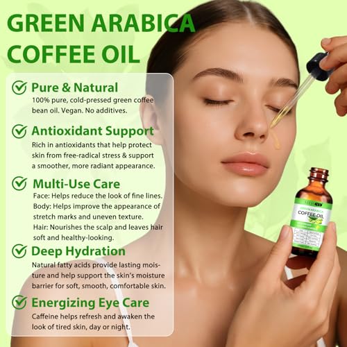 Green Coffee Bean Oil, Organic Green Coffee Oil for Cellulite, Skin, Face, Body & Hair - Reduces Puffiness, Dark Circles, Stretch Marks, Skin Tightening, Cold-Pressed (2 Fl Oz (Pack of 1))
