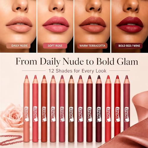 12-Color Waterproof Lip Liner Pencil Set, Matte Long-Lasting