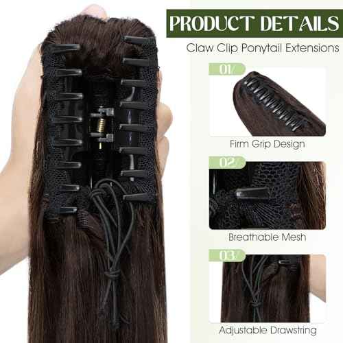 Ponytail Extension, 14 Inch Claw Clip Ponytail Extension Human Hair Long Straight Jaw Clip in Real Hair Pony Tails Hairpieces for Women Dark Brown