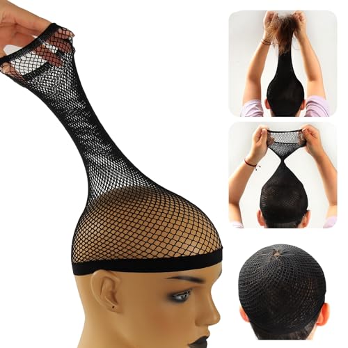 BEEOS 3 Pieces Large Net Wig Cap for Long Thick Hair with Open-end, Black Mesh Wig Cap for Women Sleeping