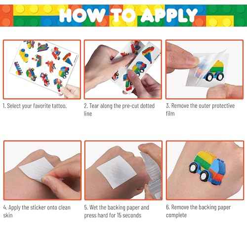 96 PCS Building Blocks Block Pre-Cut Temporary Tattoos for Kids | Super Cute Themed Birthday Party Favors, Supplies, Decorations, Fake Tattoo Stickers (Multiple)