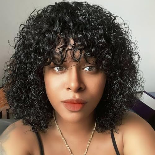12 Inch Short Curly Bob Wig with Bangs - Brazilian Human Hair