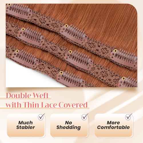 Elailite Clip in Hair Extensions Real Human Hair 3PCS Lace Weft Remy Hairpieces for Women 18 Inch 80g Dark Auburn