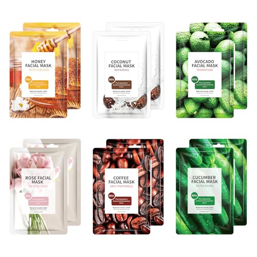 12 Pack Fruit Face Mask for Women,Hydrating Facial Sheet Mask Skincare Set£¬Moisturizing Facial Spa Masks for All Skin Types