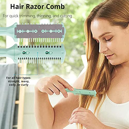 Green Double-Ended Haircut Razor Comb Set - Styling & Split Ends Trimmer, 3 Pack
