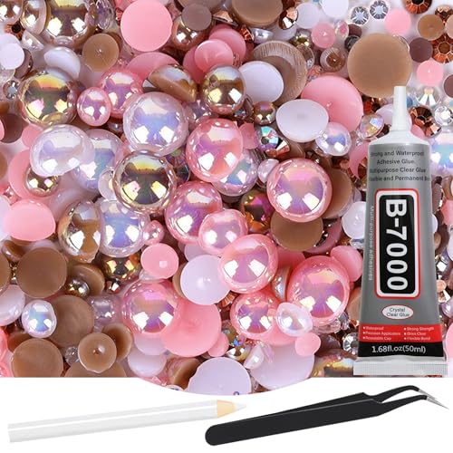 RODAKY 60g Mix Pearls and Rhinestone with B7000 Glue for Crafts,3MM-10MM Flatback Rhinestones Half Round Pearls for Nail,Jelly Rhinestones Nail Design Tumblers Face Art with Tweezers Wax Pen