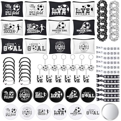 Baderke 72 Pcs Soccer Accessories Gifts Include 12 Make up Bags 12 Mirrors 12 Acrylic Keychains 12 Bracelet 12 Scrunchies 12 Hair Ties Team Gifts for Soccer Party Favor (Classic)
