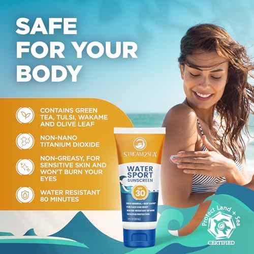 STREAM 2 SEA 6 Pack Natural Travel Sized Toiletries, 1oz Paraben Free Sample Size Shampoo, Conditioner, Lotion, Mineral Sunscreen SPF 20 and SPF 30 and After Sun Gel
