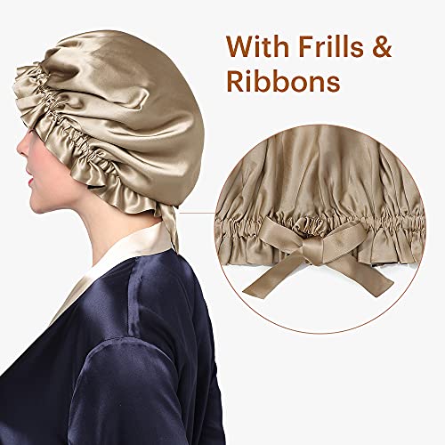 LilySilk Pure Silk Lined Cap for Women Sleep, Double Layered, Adjustable Ribbons, Luxury Natural Silk Bonnet Cap for Sleeping Coffee+Black