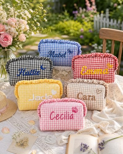 Personalized Ruffled Plaid Makeup Bag - Custom Name Cosmetic Pouch