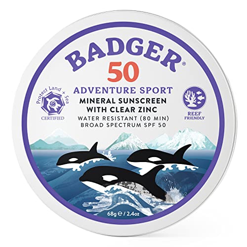 Badger Biodegradable Sunscreen in Metal Tin, SPF 50 Zinc Oxide Sunscreen with 98% Organic Ingredients, Reef Safe, Broad Spectrum, Water Resistant, Unscented, 2.4 oz