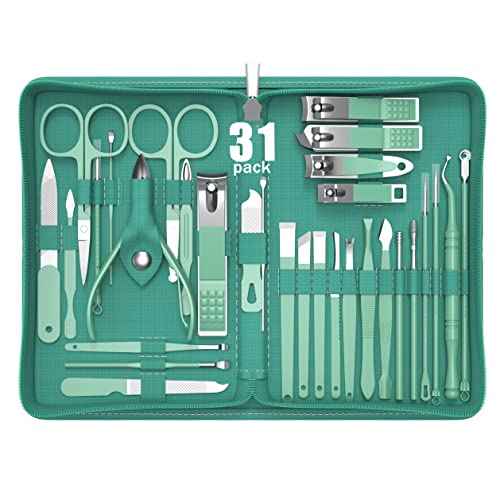 Manicure Set Personal Care, Nail Clipper Kit, Professional Nail Clipper Pedicure Set, Nail Tools with Luxurious Travel Case, Gifts for Men Women Family Friend, 31 Pieces (Green)