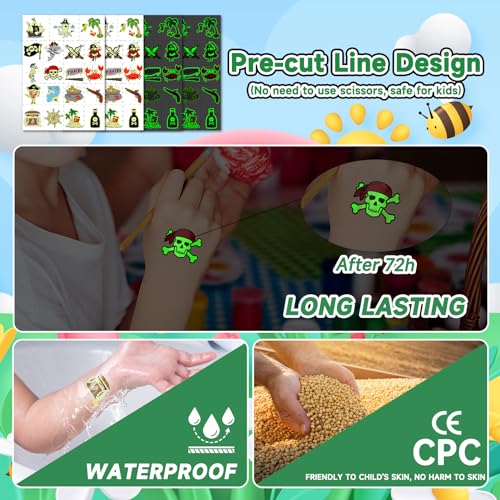Glow Temporary Tattoos for Kids - Pirate Design Goodie Bag