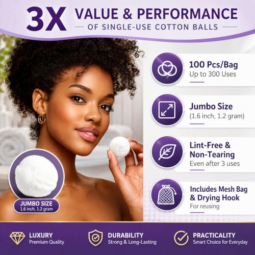 Jumbo Nonwoven Skincare Cotton Balls - 100 Ct with Mesh Wash Bag & Hook