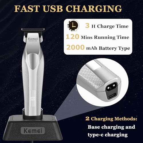 KEMEI 3023-702 Hair & Beard Trimmer for Men, 9000 RPM Zero Gapped Trimmers for Barbers with Full Metal Body, Professional Hair Clippers with LED Display, Ceramic and DLC Blades