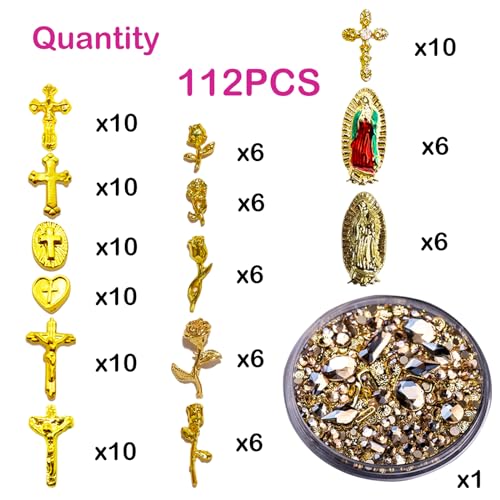 Gehaiwo 112PCS Gold Nail Charms and 1Box Nail Art Rhinestone,Gold Alloy Virgin Mary Cross Rose Nail Decoration for Acrylic Nails, Nail Jewels Accessories for Nail Art Supplies DIY Nail Craft