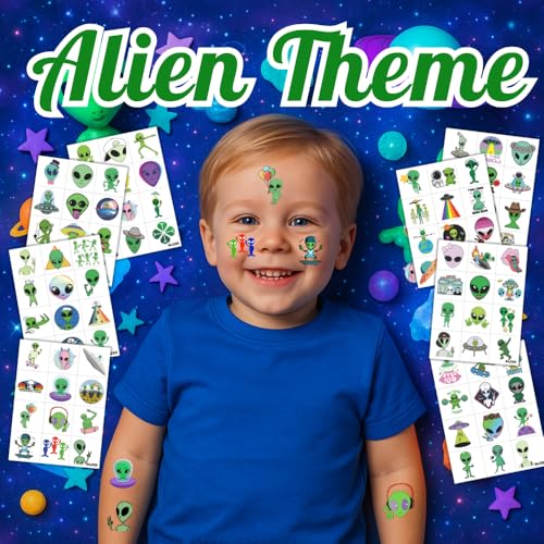 96PCS Alien Pre-Cut Temporary Tattoos for Kids ? Space Theme Birthday Party Favors Supplies, UFO Outer Space Decorations, Galaxy Stickers for Boys Girls Toddlers Halloween Christmas (Normal)