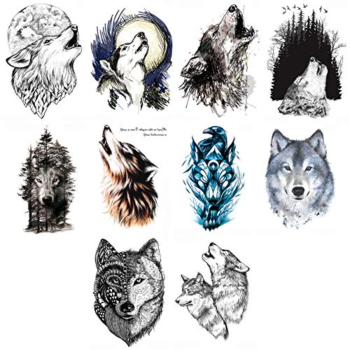 10 Sheets Large Wolf Temporary Tattoos for Men & Kids