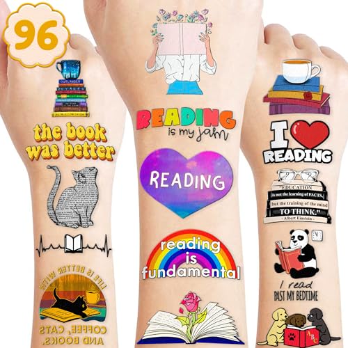 (96 PCS) Funny Reading Book Booklish Nerd Temporary Tattoos Birthday Themed Party Supplies Decorations Favors Cute Inspirational Stickers Tattoo Gifts for Kids Girls Boys Teachers Decor School Reward
