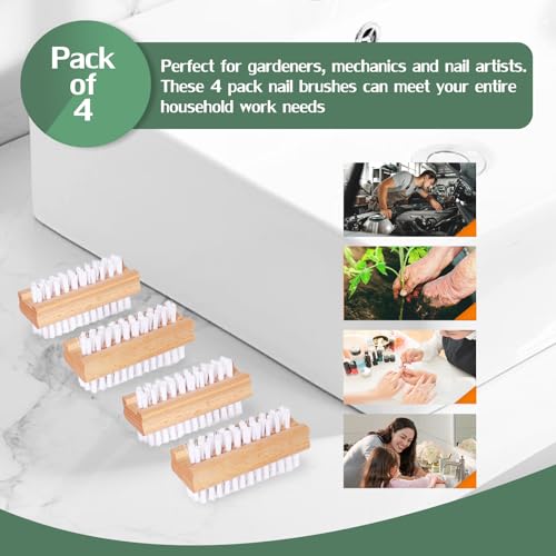 4-Piece Wooden Nail Brush Set with Stiff Bristles for Cleaning