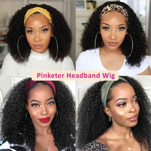 Headband Wig Human Hair Kinky Curly human hair Headband Wigs Machine Made Curly Wig 150% Density Virgin Human Hair Wigs for Black Women Natural Color (Headband Wig, 20inch)